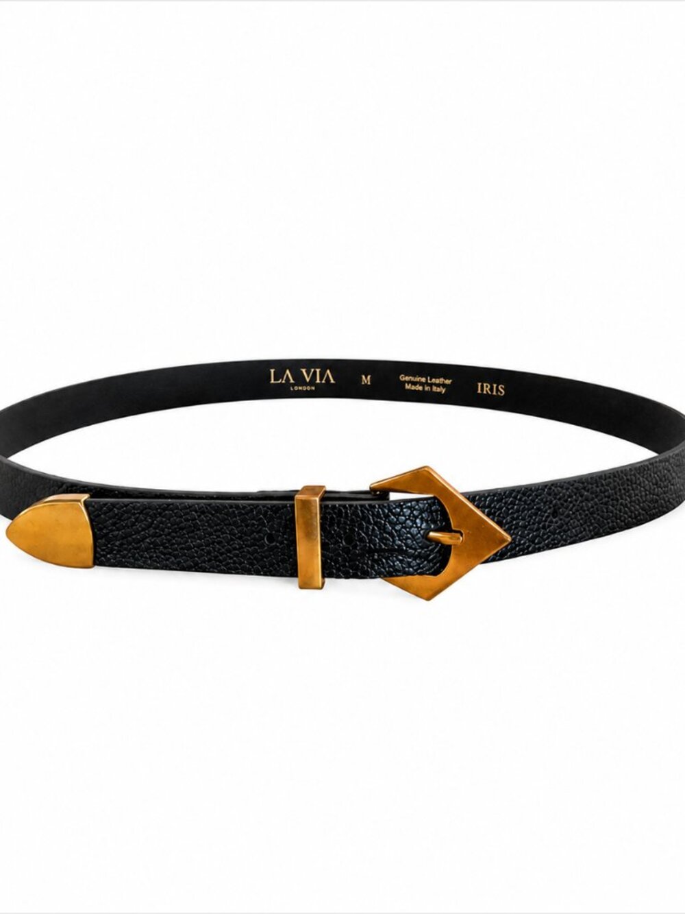 La Via Firenze Iris Black Leather Belt M Gold Geometric Buckle Italy